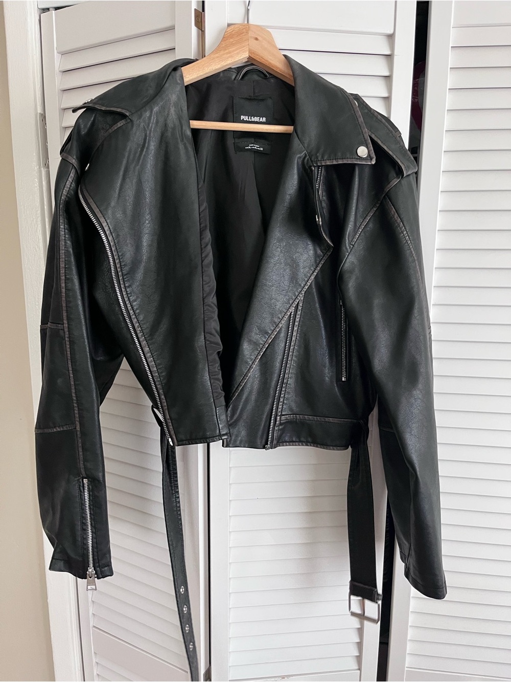 Pull&Bear Black Faux Leather Moto Jacket with Belt